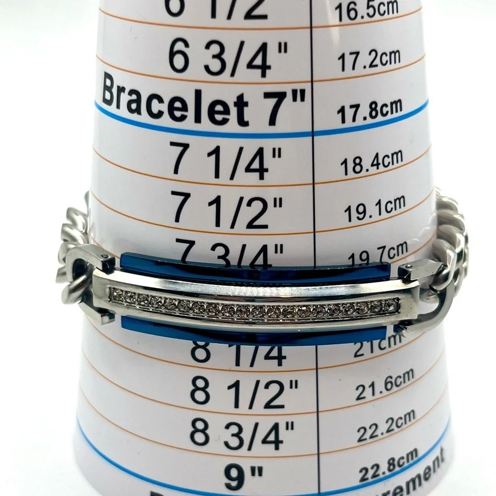 Blue bar rhinestone chain bracelet silver tone chunky modern